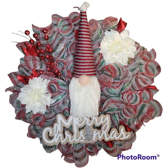 Merry Christmas Gnome Red White and Green Wreath with Flowers - Picture 1 of 4